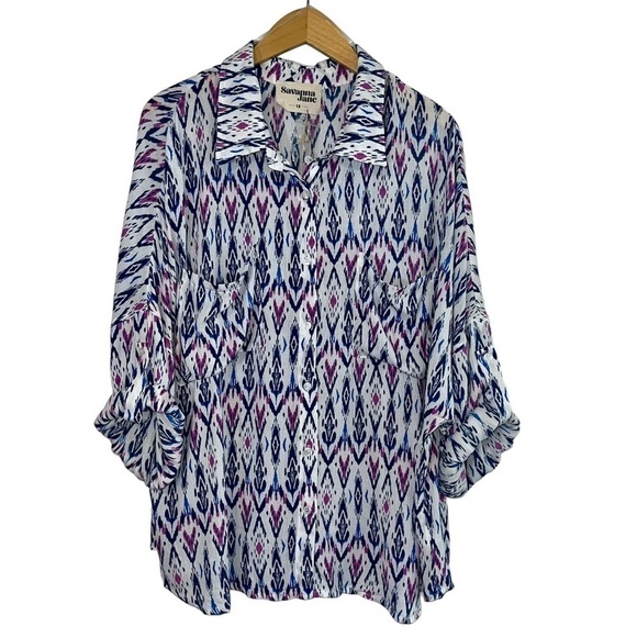 Savana Jane Button Down Woman’s Blouse Size 1X Roll Tab Sleeve Boxy New Aztec - Picture 1 of 9